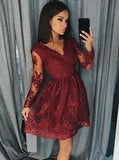 burgundy homecoming dresses long sleeve lace short prom dress