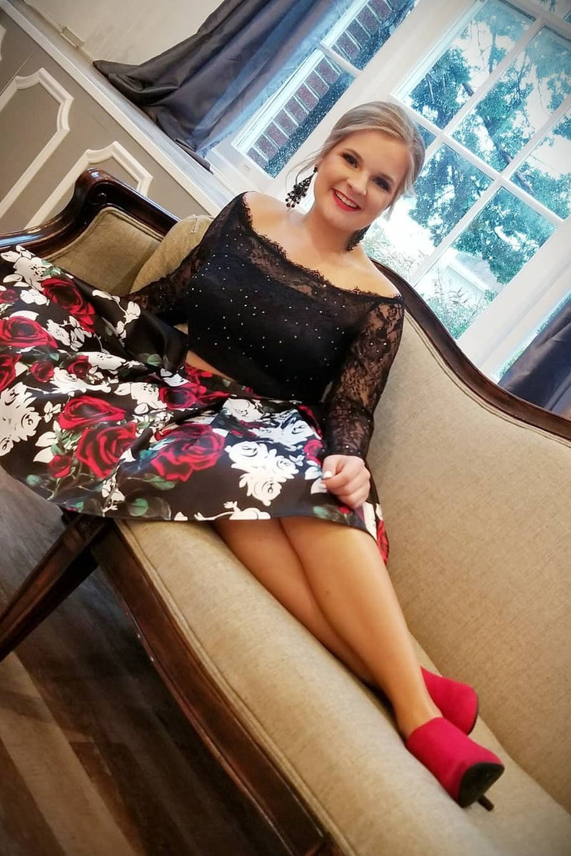 black long sleeves lace homecoming dresses two piece floral print party dress