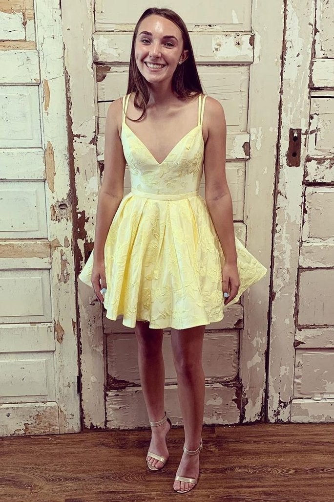 double straps v neck yellow short prom dress homecoming dresses