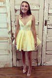 double straps v neck yellow short prom dress homecoming dresses