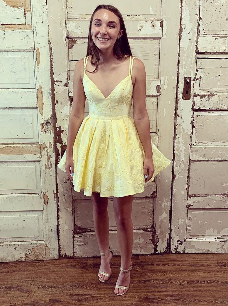 double straps v neck yellow short prom dress homecoming dresses