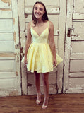 double straps v neck yellow short prom dress homecoming dresses