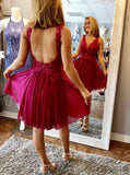 fuchsia chiffon homecoming dresses backless short prom dress with appliques