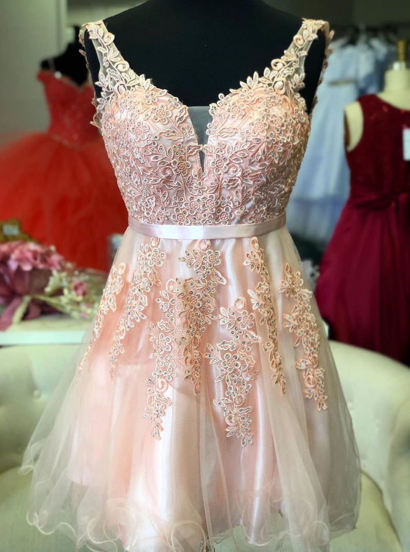 cute a line short pink homecoming dress with lace appliues