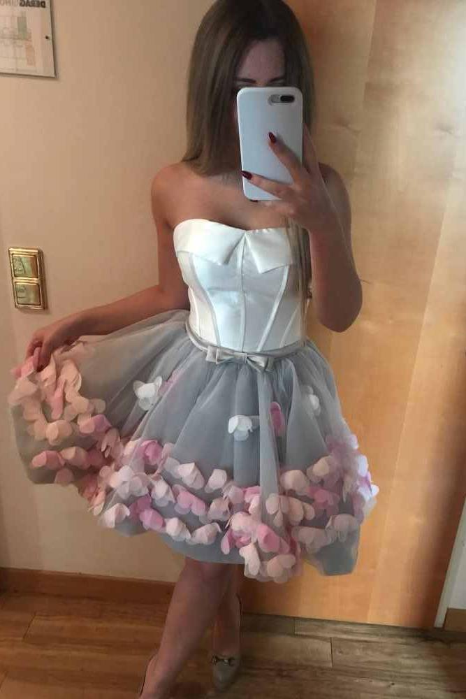 strapless short prom dresses handmade flowers graduation party gown