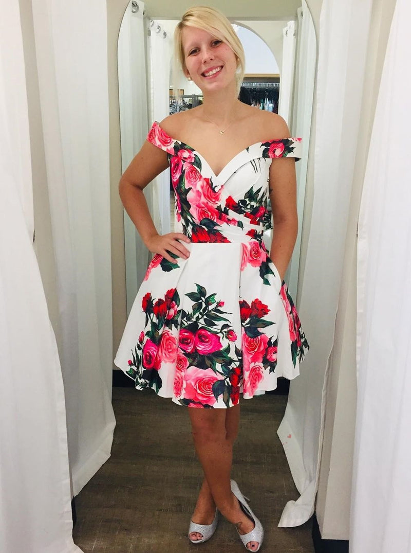 off shoulder floral print short prom homecoming dresses