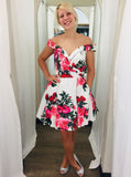 off shoulder floral print short prom homecoming dresses