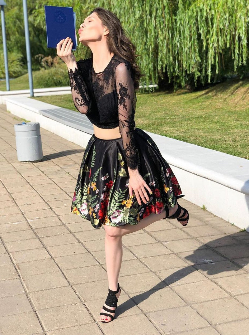 lace long sleeve jewel black homecoming dresses two piece short prom dress