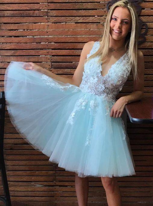 v neck tulle mint green short prom homecoming dresses with appliques