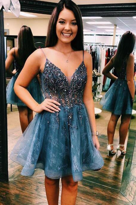a line v neck short homecoming dresses with beading