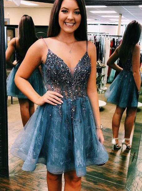 a line v neck short homecoming dresses with beading