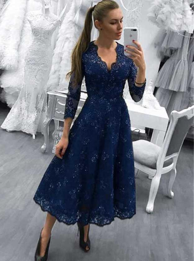 long sleeve navy blue evening dresses for women lace party dress