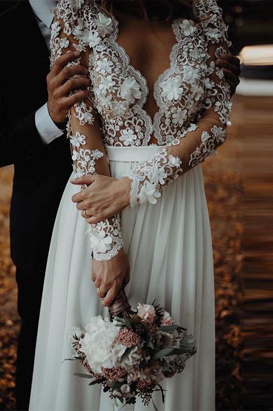 v neck lace long sleeve beach wedding dresses chiffon bridal gown with split