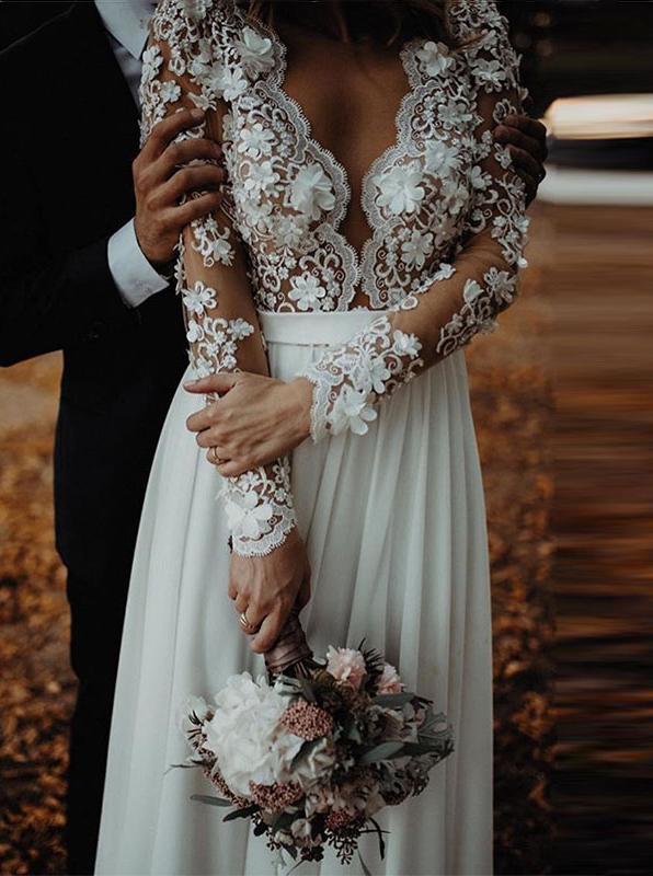 v neck lace long sleeve beach wedding dresses chiffon bridal gown with split