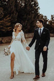 v neck lace long sleeve beach wedding dresses chiffon bridal gown with split