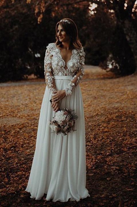 v neck lace long sleeve beach wedding dresses chiffon bridal gown with split