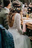 flowy long sleeve lace backless wedding dresses beach chiffon bridal gown