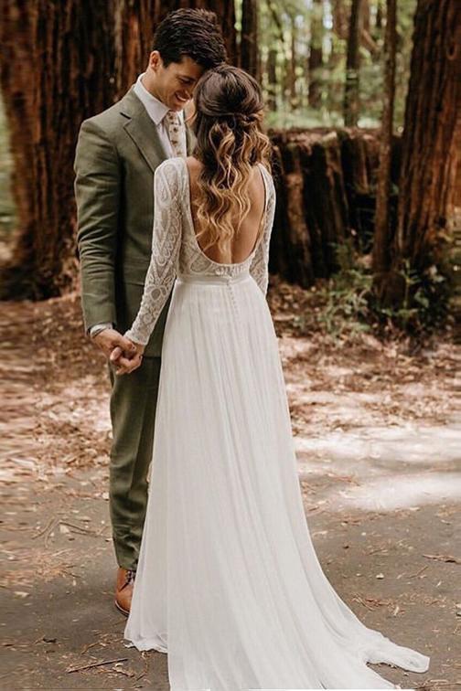 flowy long sleeve lace backless wedding dresses beach chiffon bridal gown