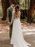 flowy long sleeve lace backless wedding dresses beach chiffon bridal gown