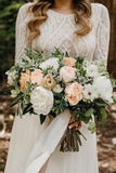 flowy long sleeve lace backless wedding dresses beach chiffon bridal gown