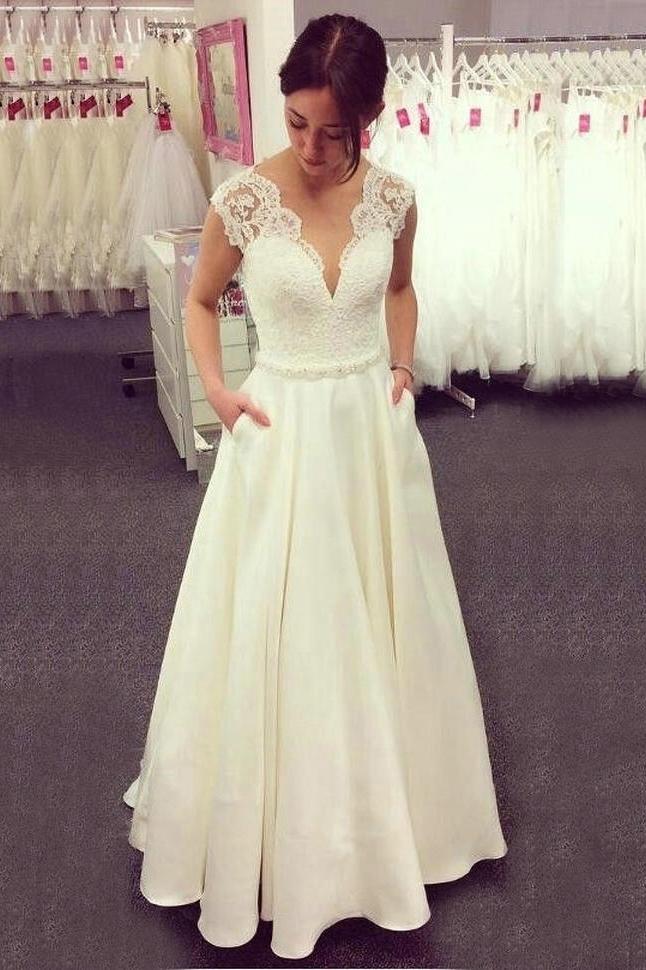 a line v neck lace top ivory wedding dresses satin skirt with pockets