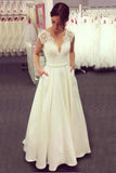 a line v neck lace top ivory wedding dresses satin skirt with pockets