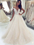 Off Shoulder Lace Beach Wedding Dress with Sequined Appliques PW127