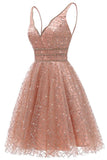 Glitter Deep V-Neck Mini Homecoming Dresses Junior Graduation Dresses GM66