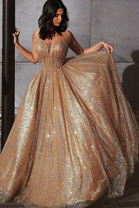 Sparkly A Line Long Prom Dresses Sequin V-neck Evening Dress MP204