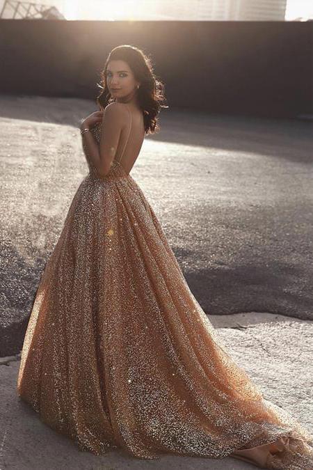 Sparkly A Line Long Prom Dresses Sequin V-neck Evening Dress MP204