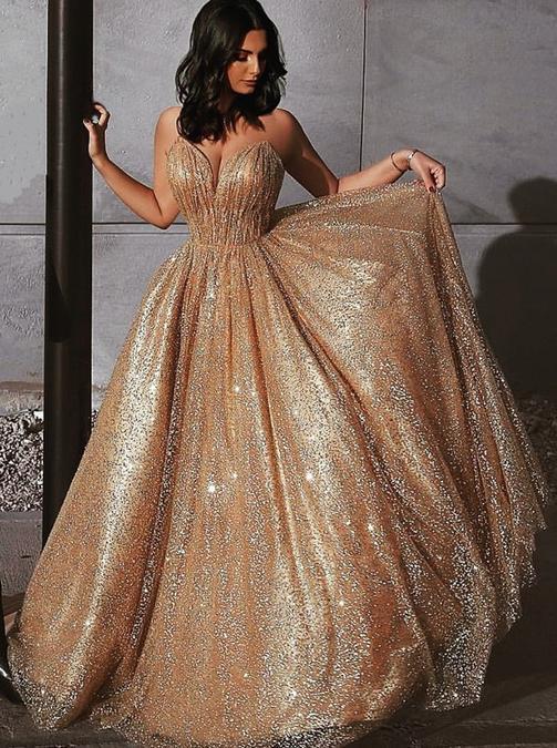 Sparkly A Line Long Prom Dresses Sequin V-neck Evening Dress MP204