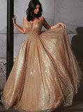 Sparkly A Line Long Prom Dresses Sequin V-neck Evening Dress MP204