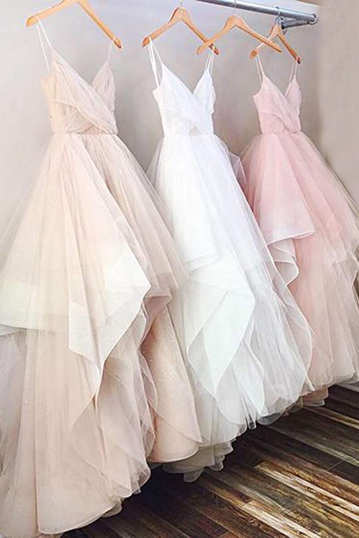 Simple Tulle Prom Dress Spaghetti Straps Ruffles V Neck Wedding Dresses PW124