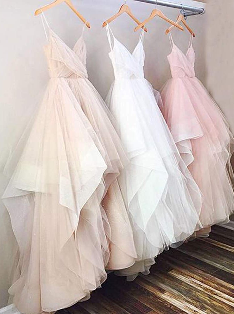 Simple Tulle Prom Dress Spaghetti Straps Ruffles V Neck Wedding Dresses PW124