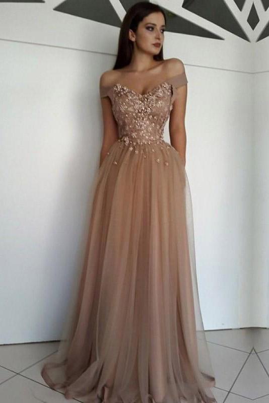 off shoulder sweetheart tulle long prom dresses appliques formal evening dress
