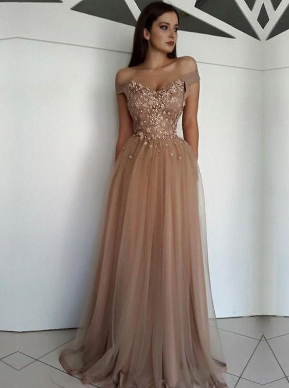 off shoulder sweetheart tulle long prom dresses appliques formal evening dress