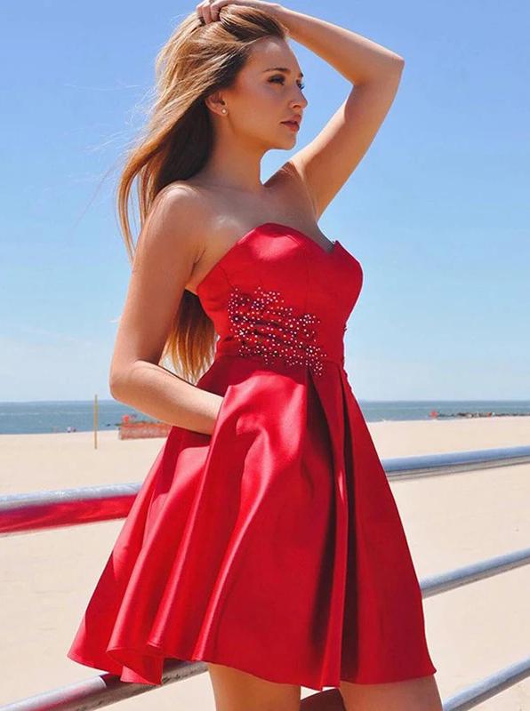 Satin Sweetheart Beaded Red Homecoming Dresses With Pockets GM02