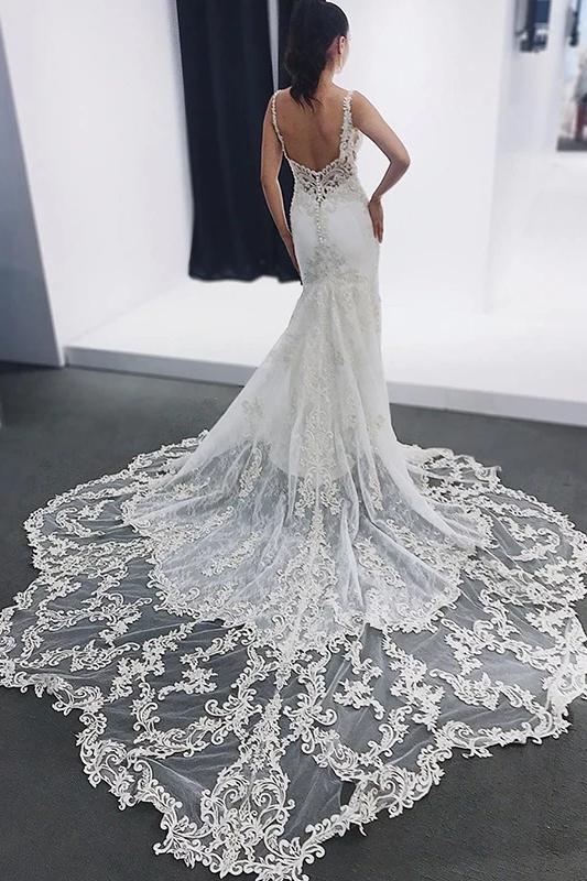 Mermaid V-neck Backless Spaghetti Wedding Dresses With Appliques PW78