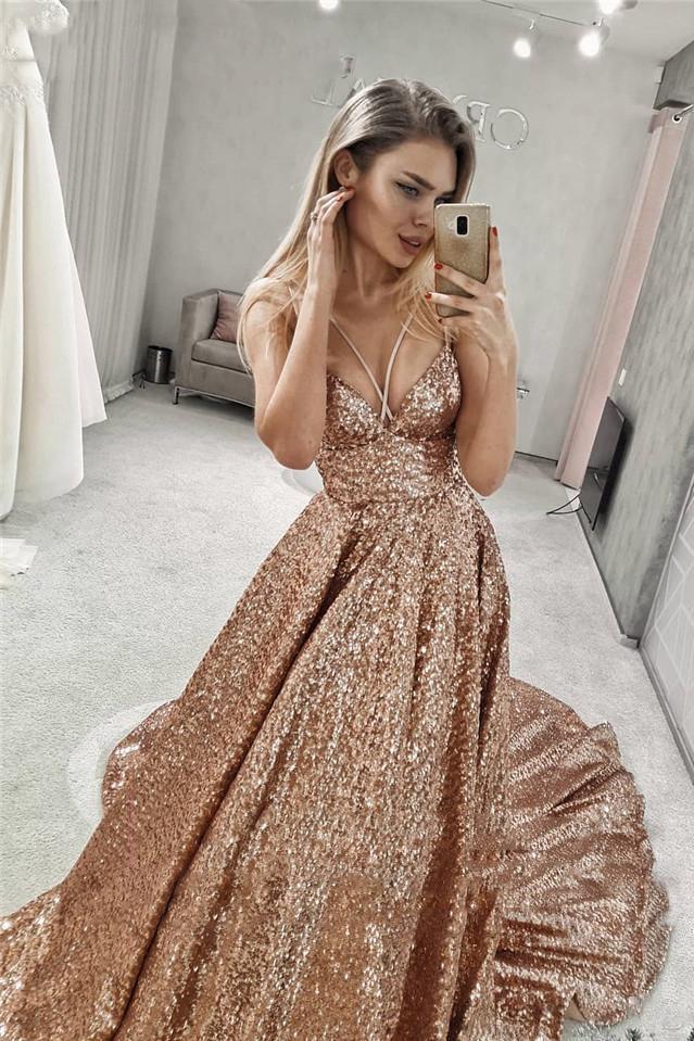 Sparkly Straps V Neck Long Prom Dresses with Sequin Evening Dress MP199