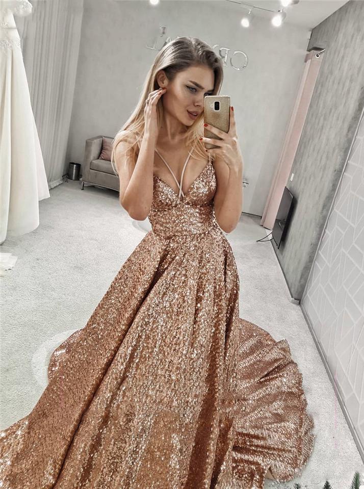 Sparkly Straps V Neck Long Prom Dresses with Sequin Evening Dress MP199