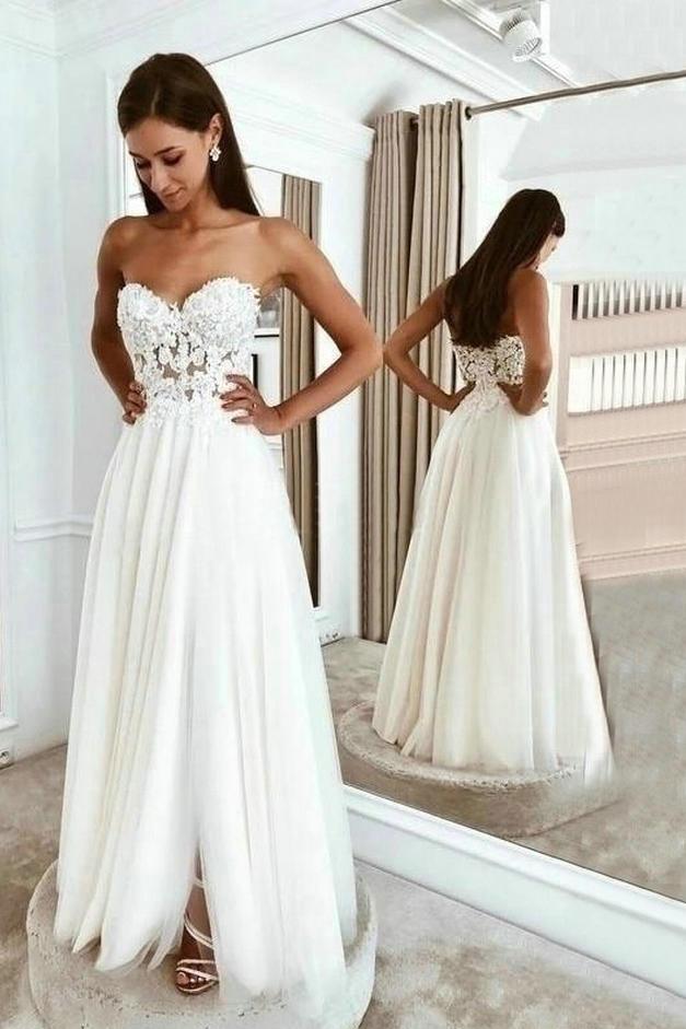 Boho Beach Wedding Dresses Long Lace Applique Tulle Sweetheart Bridal Dress With Split PW128