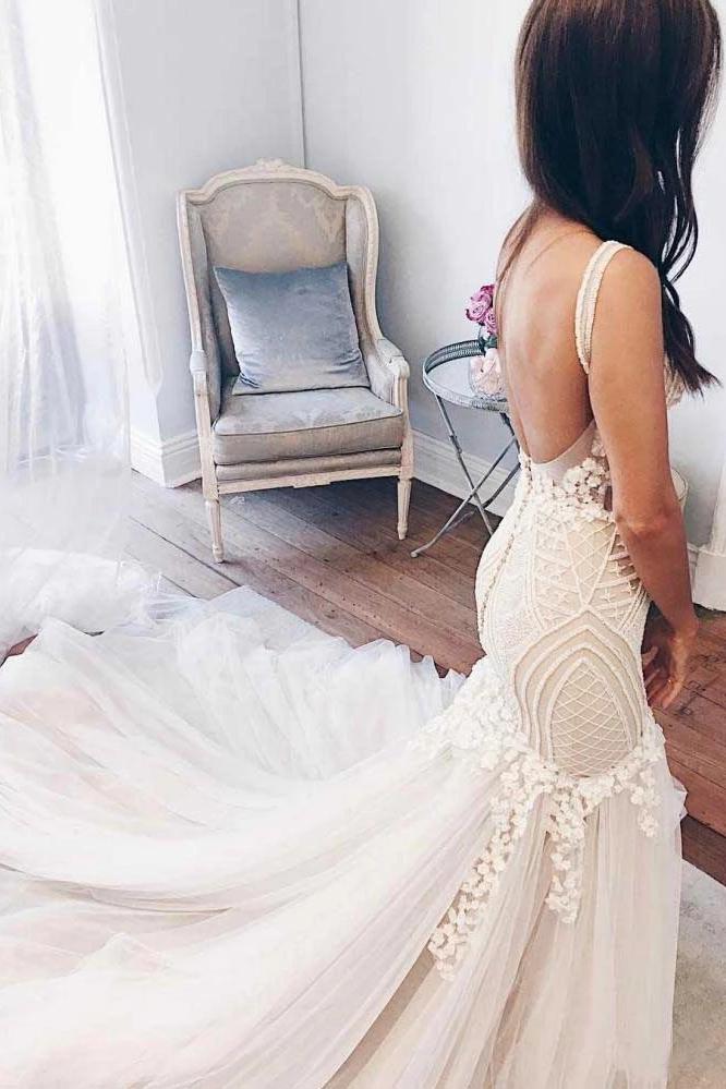 Gorgeous Ivory Tulle Mermaid V-Neck Lace Backless Wedding Dresses PW147