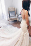 Gorgeous Ivory Tulle Mermaid V-Neck Lace Backless Wedding Dresses PW147