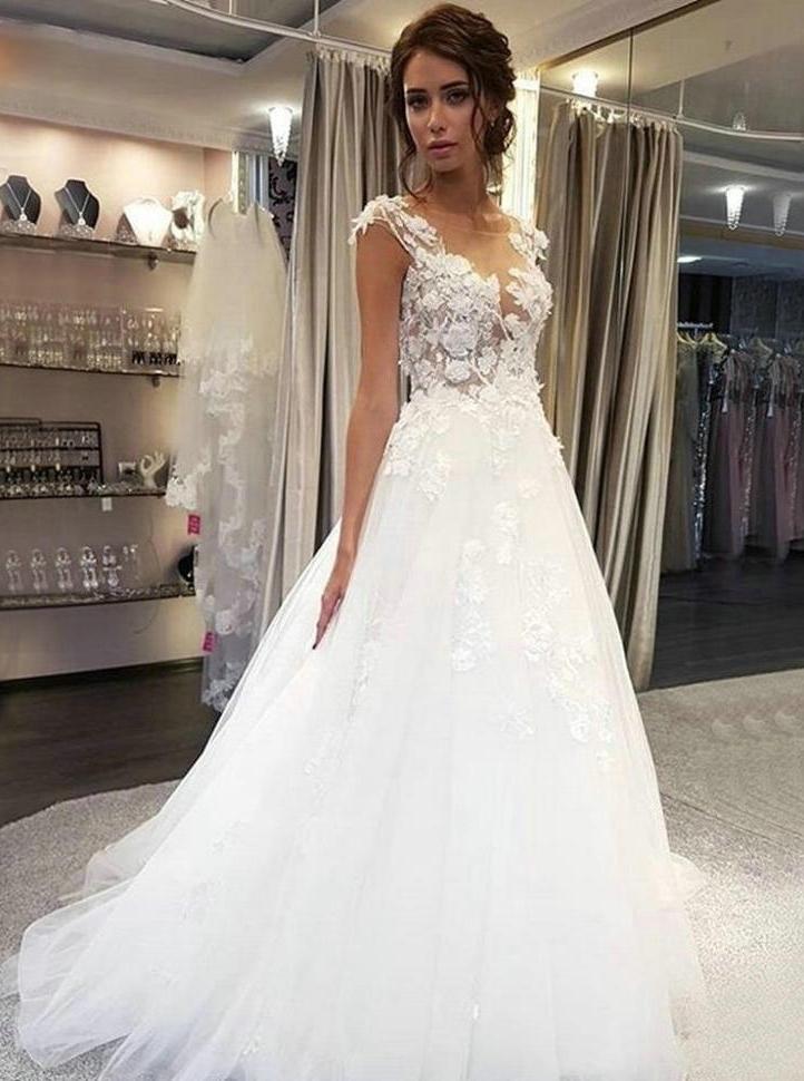 Delicate Boho Wedding Dresses Sheer Round Neck Tulle Bridal Gowns PW131