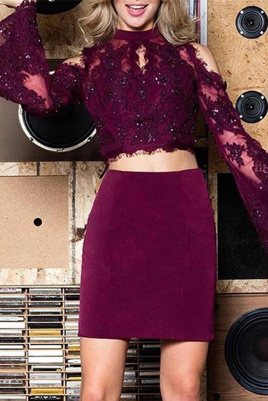 Long Bell Sleeve Two Piece Sheath Homecoming Dresses With Lace Beading GM03
