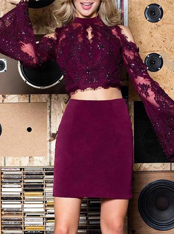 Long Bell Sleeve Two Piece Sheath Homecoming Dresses With Lace Beading GM03