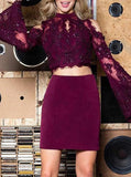 Long Bell Sleeve Two Piece Sheath Homecoming Dresses With Lace Beading GM03