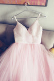 Simple A-line V-neck Tulle Pink Prom Dress, Princess Pink Bridal Gown PW140