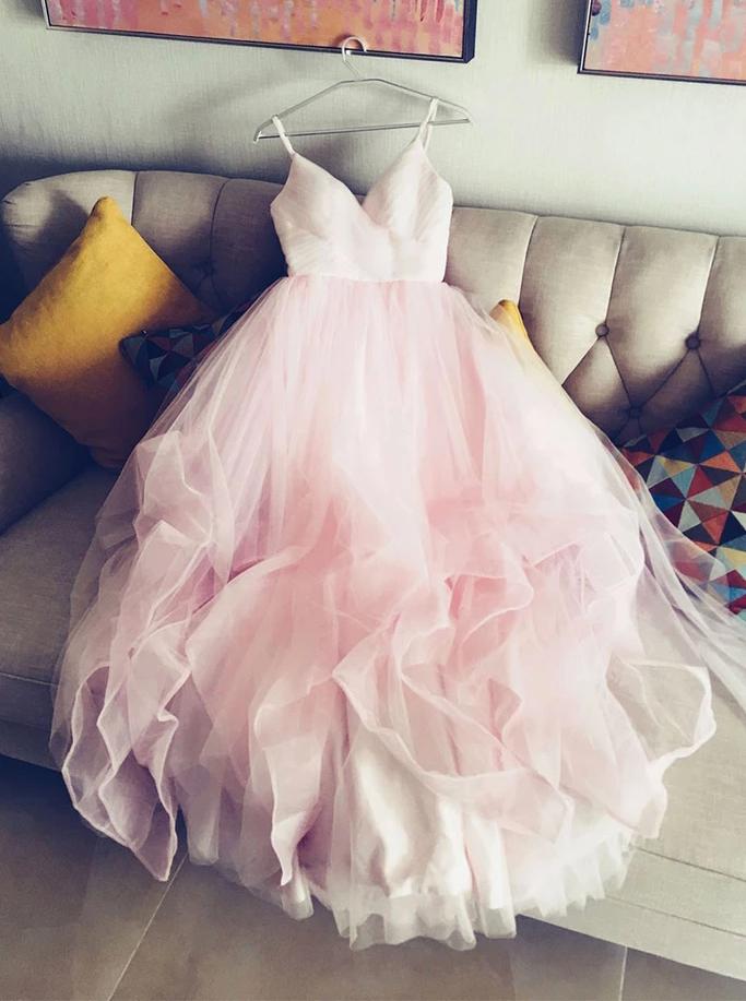 Simple A-line V-neck Tulle Pink Prom Dress, Princess Pink Bridal Gown PW140