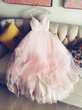 Simple A-line V-neck Tulle Pink Prom Dress, Princess Pink Bridal Gown PW140